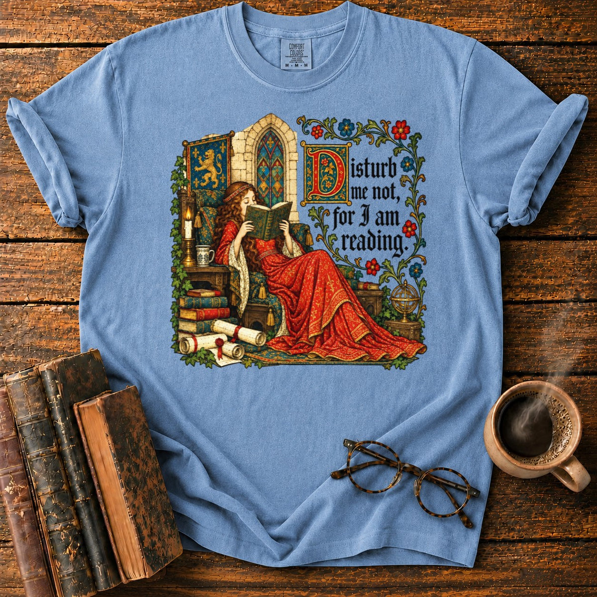 Medieval Woman Reading T-Shirt in Blue Jean – BooksThreads