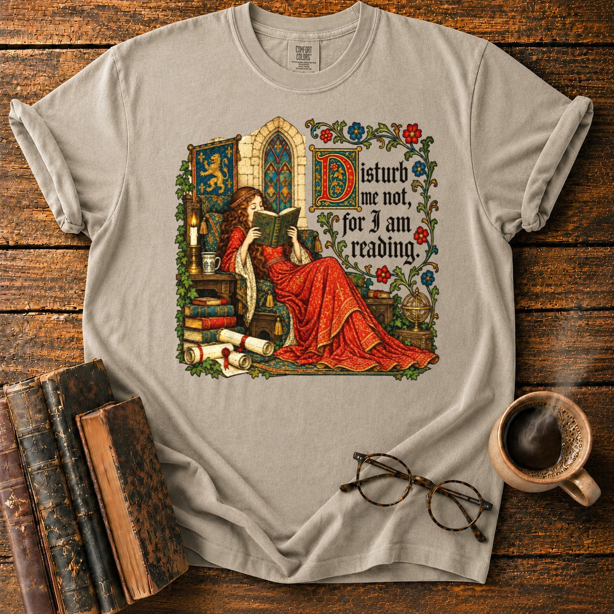 Medieval Woman Reading T-Shirt in Khaki – BooksThreads