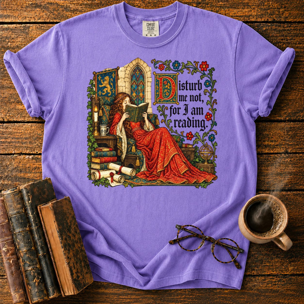 Medieval Woman Reading T-Shirt in Violet – BooksThreads