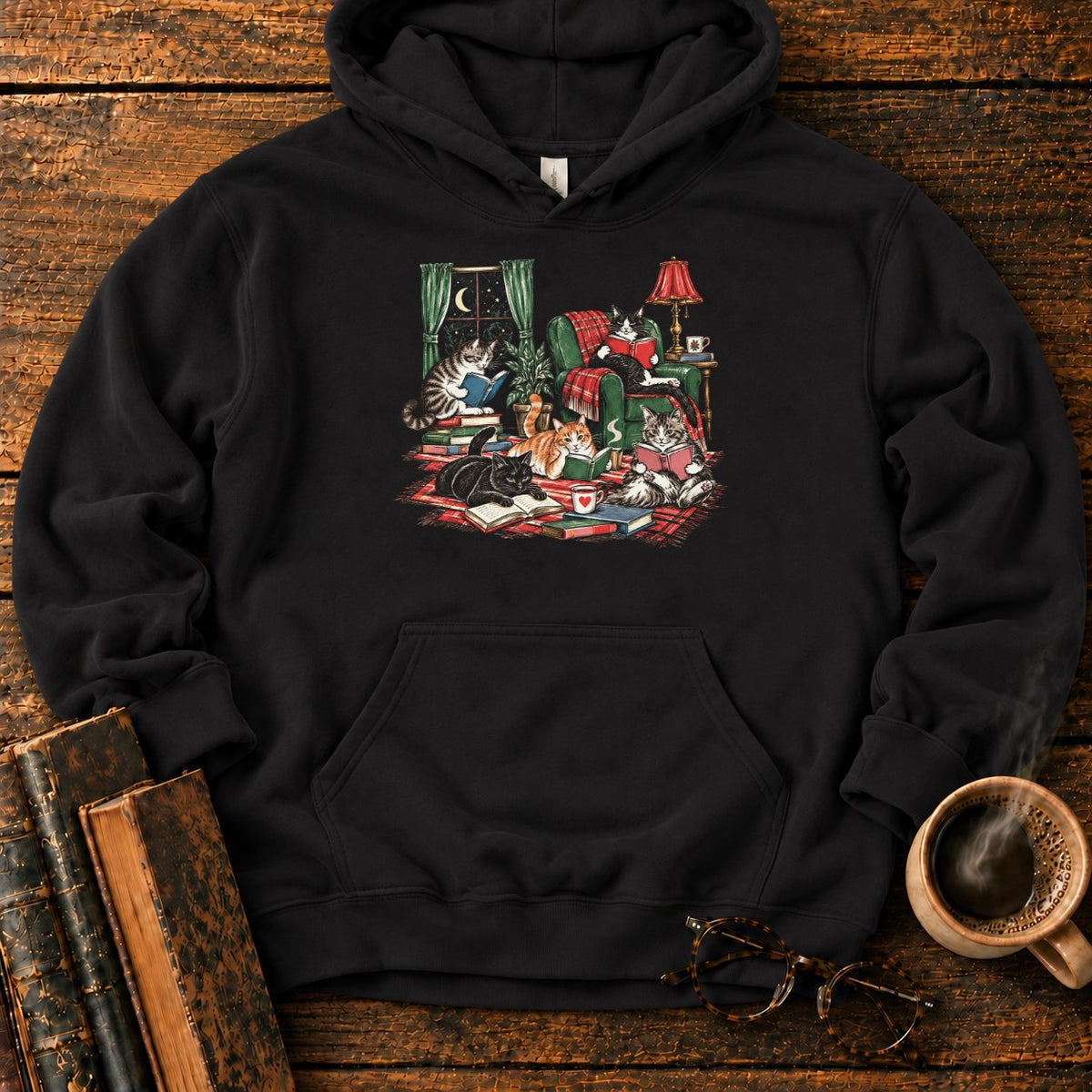 Midnight Cats' Cozy Reading Nook Hoodie in Black – BooksThreads