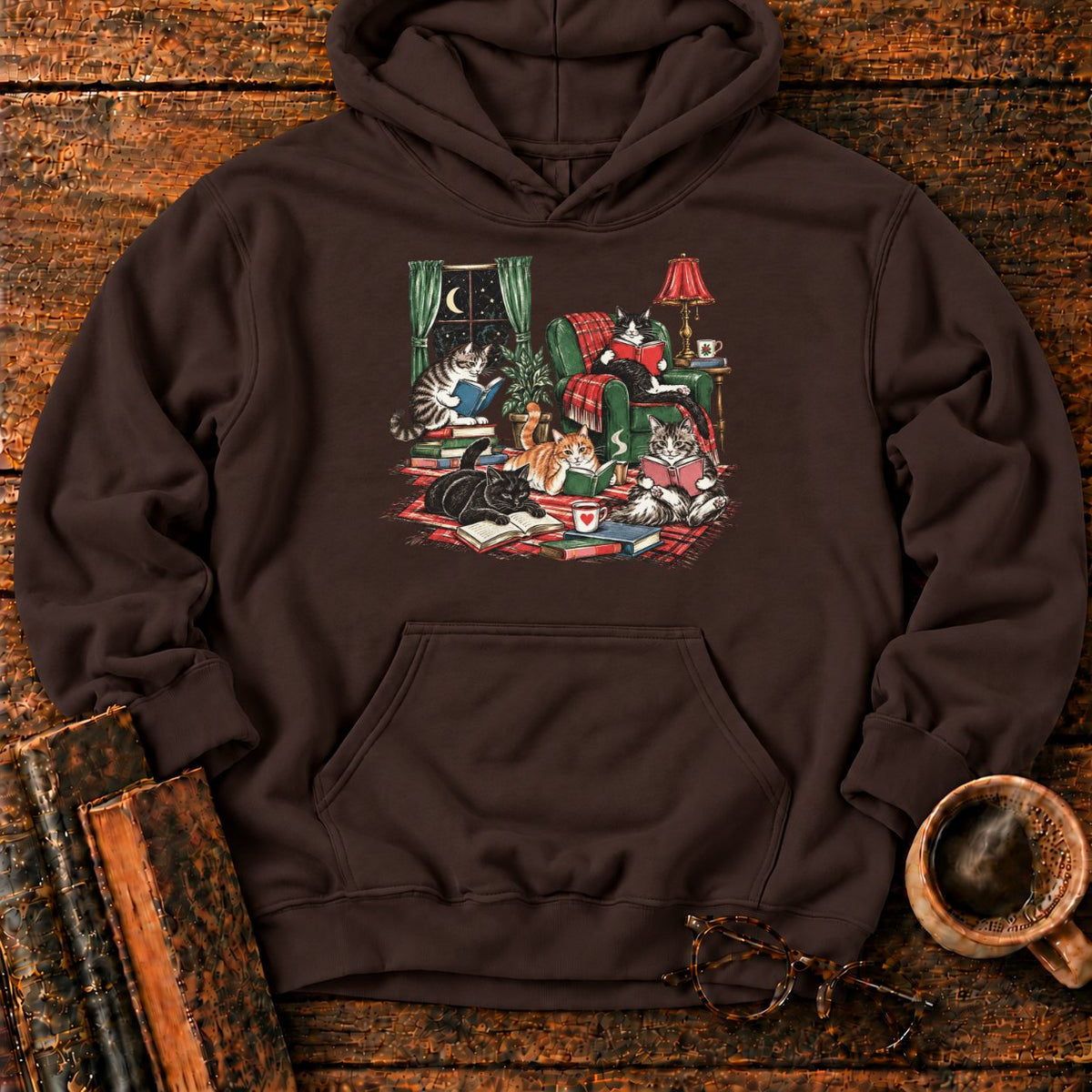 Midnight Cats' Cozy Reading Nook Hoodie in Dark Chocolate – BooksThreads