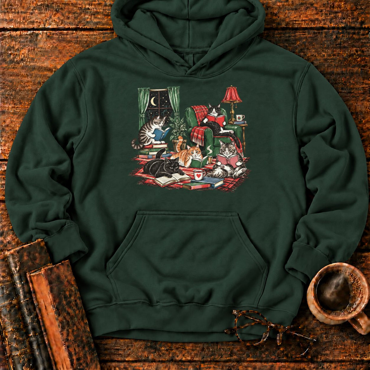 Midnight Cats' Cozy Reading Nook Hoodie in Forest Green – BooksThreads
