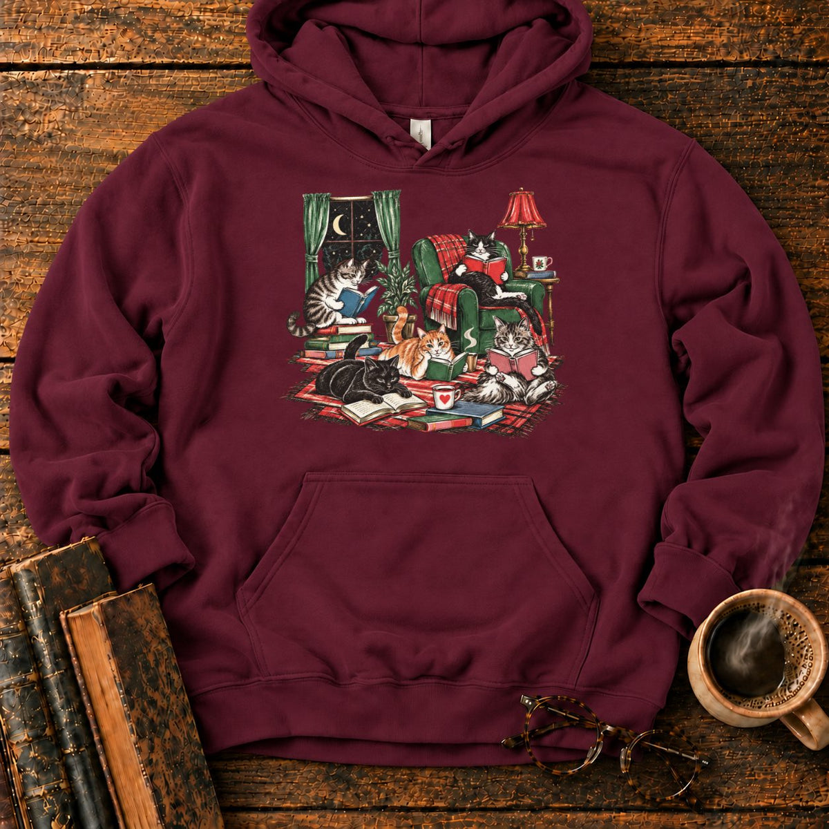 Midnight Cats' Cozy Reading Nook Hoodie in Maroon – BooksThreads