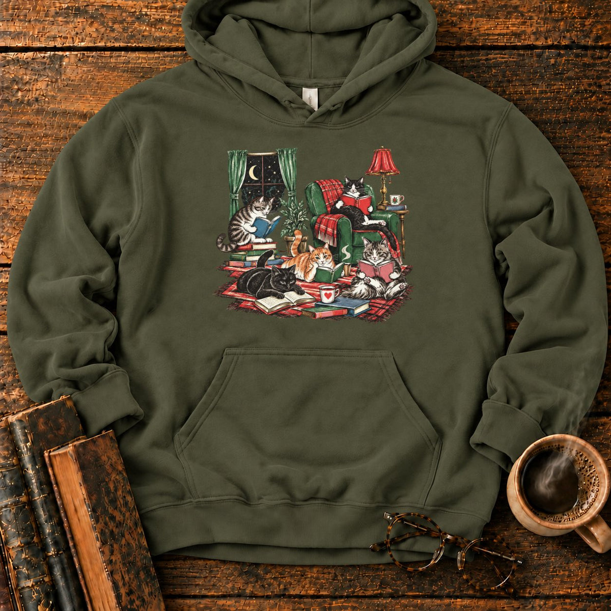 Midnight Cats' Cozy Reading Nook Hoodie in Military Green – BooksThreads