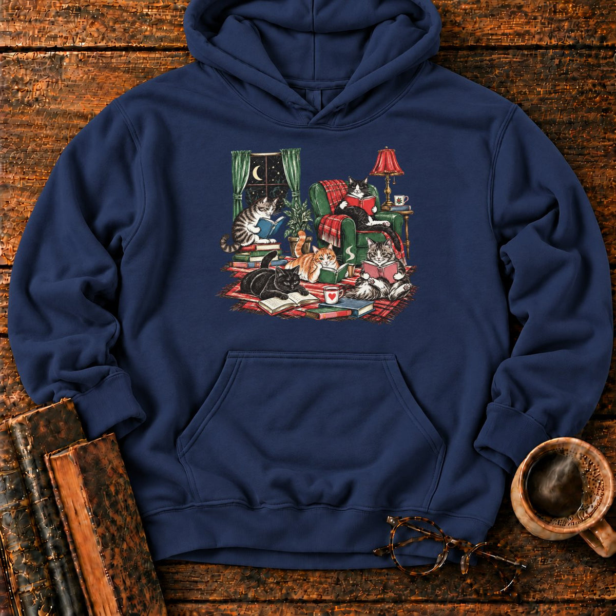 Midnight Cats' Cozy Reading Nook Hoodie in Navy – BooksThreads