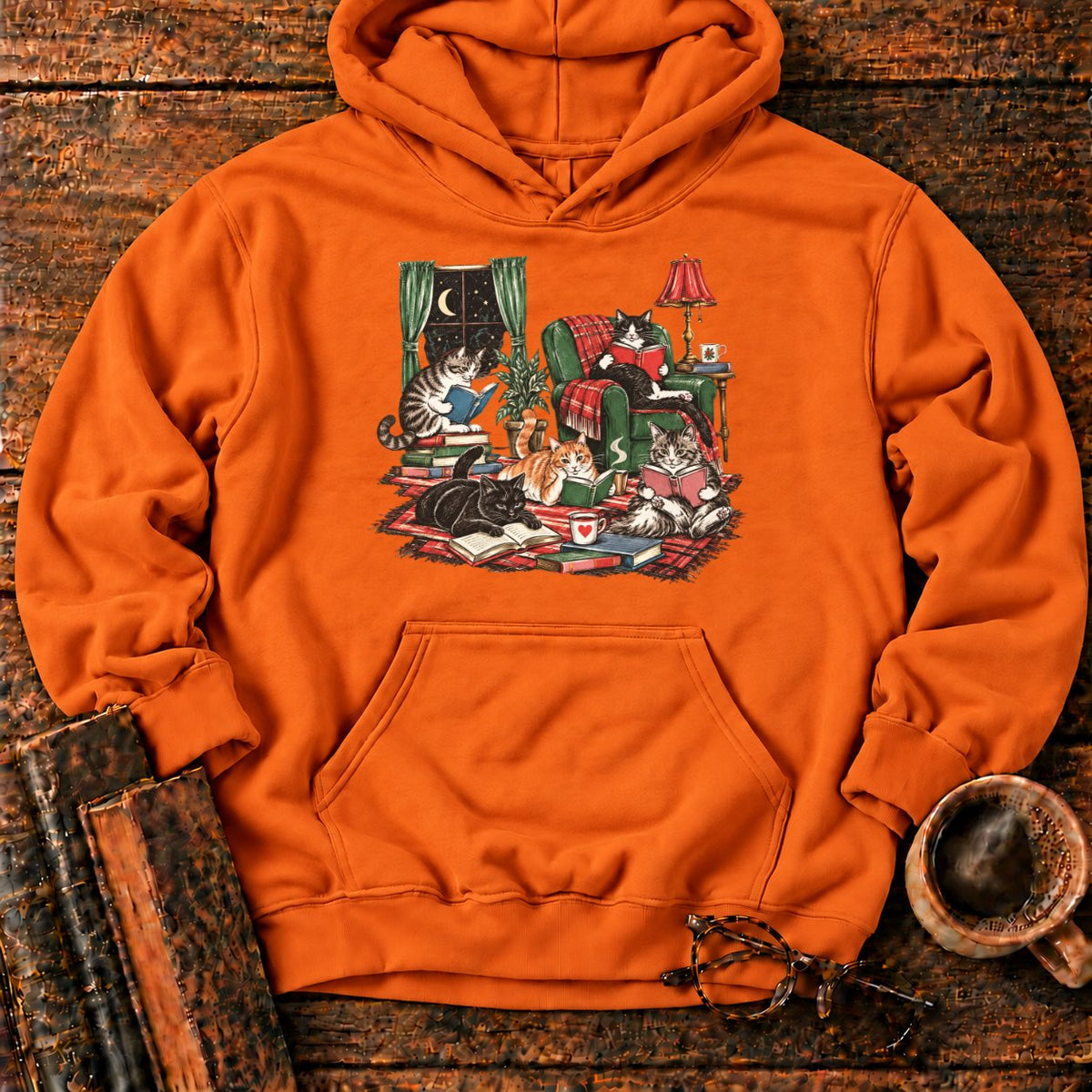 Midnight Cats' Cozy Reading Nook Hoodie in Orange – BooksThreads