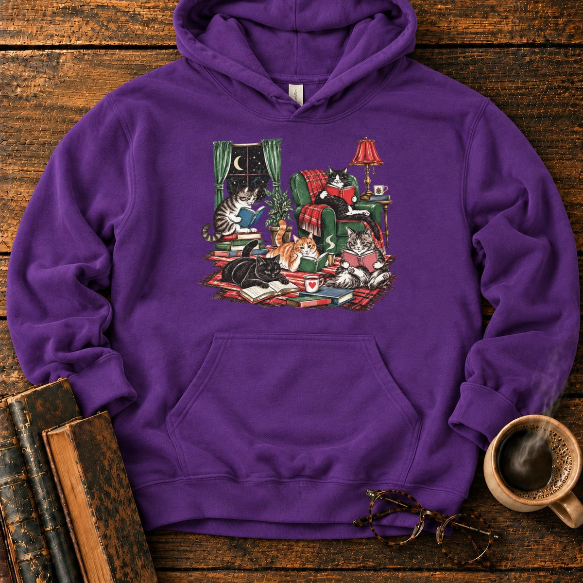 Midnight Cats' Cozy Reading Nook Hoodie in Purple – BooksThreads