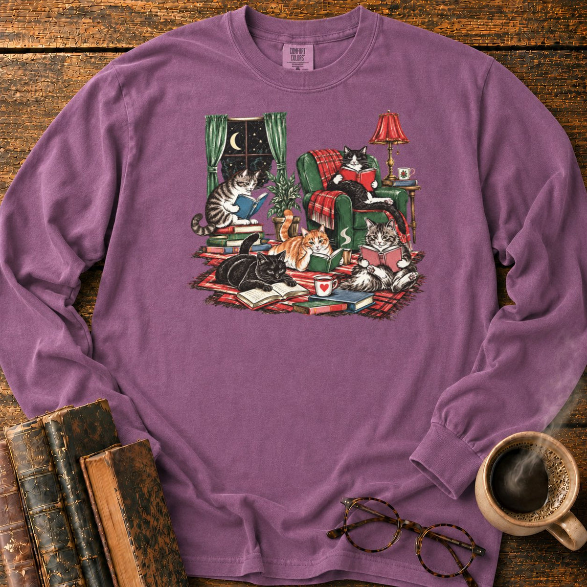 Midnight Cats' Cozy Reading Nook LS T-Shirt in Berry – BooksThreads