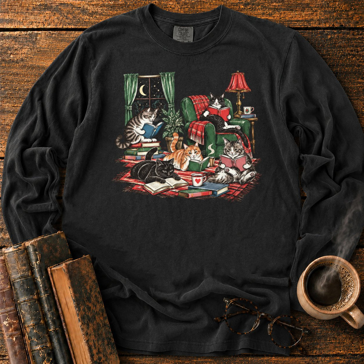 Midnight Cats' Cozy Reading Nook LS T-Shirt in Black – BooksThreads