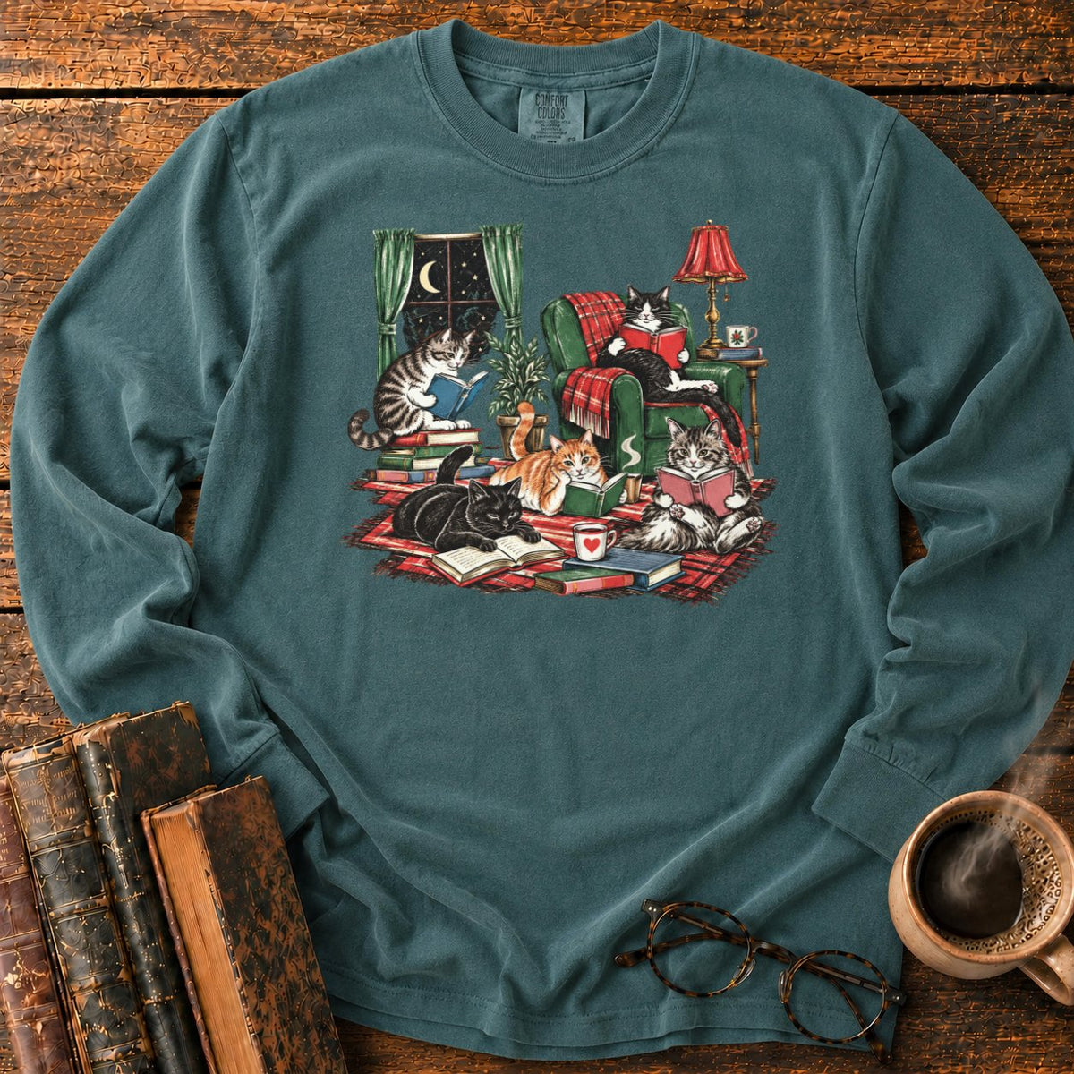 Midnight Cats' Cozy Reading Nook LS T-Shirt in Blue Spruce – BooksThreads