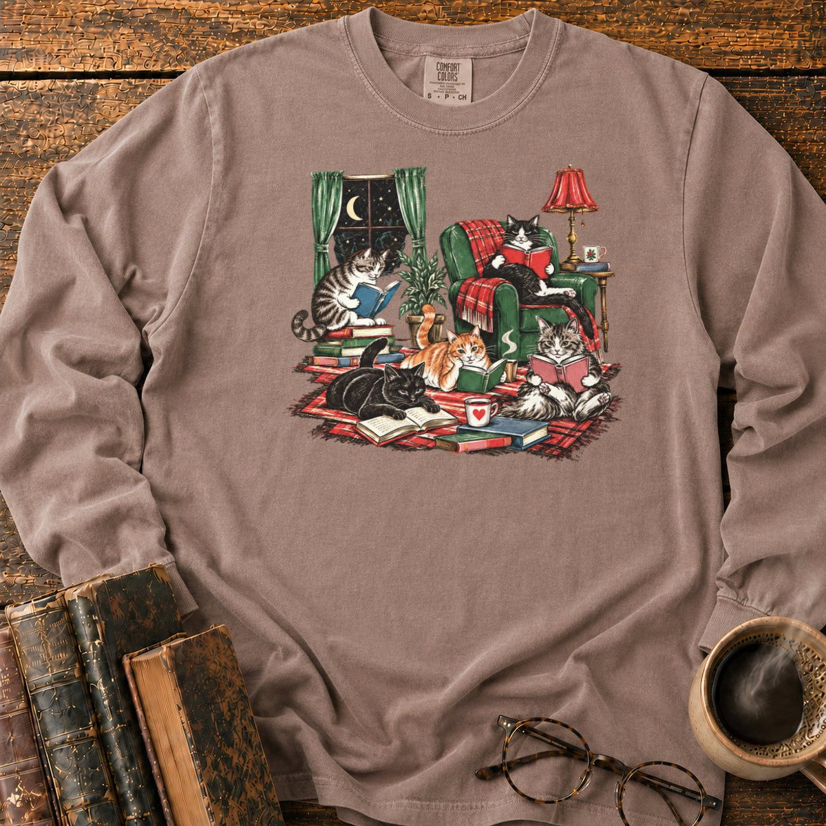 Midnight Cats' Cozy Reading Nook LS T-Shirt in Espresso – BooksThreads