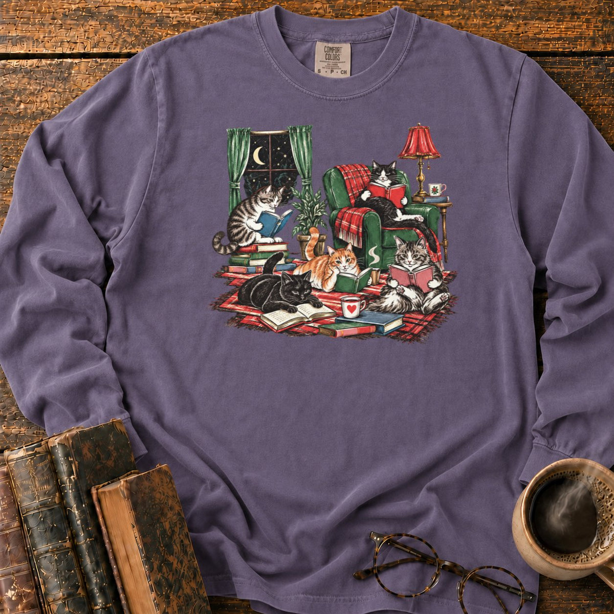 Midnight Cats' Cozy Reading Nook LS T-Shirt in Grape – BooksThreads