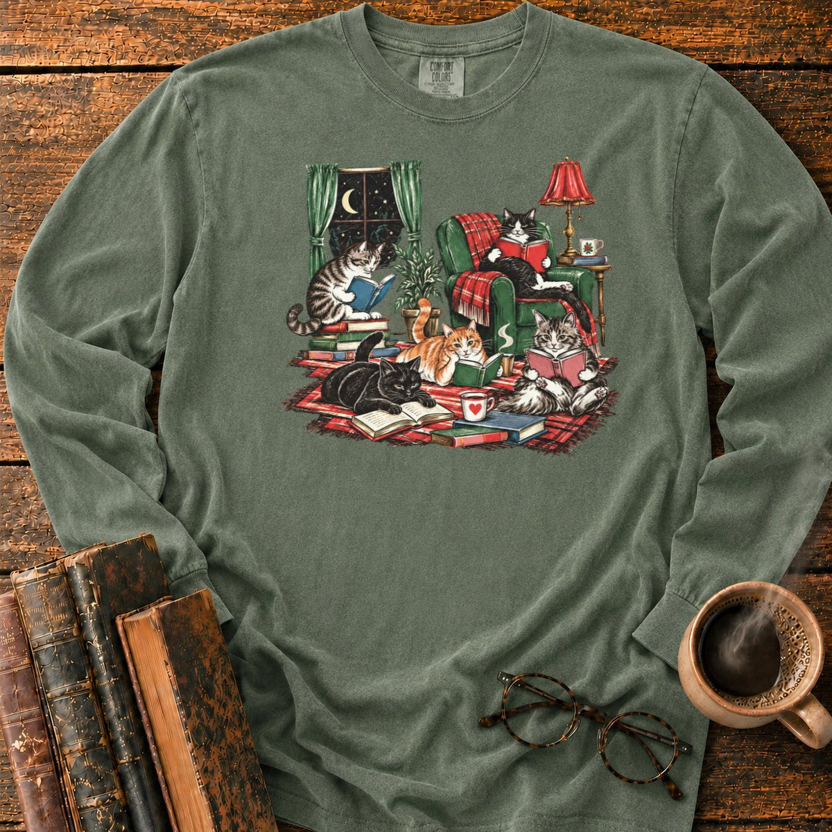 Midnight Cats' Cozy Reading Nook LS T-Shirt in Hemp – BooksThreads