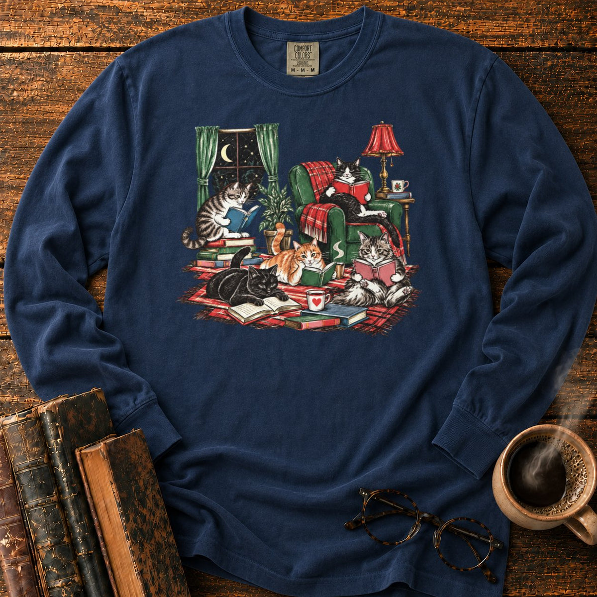 Midnight Cats' Cozy Reading Nook LS T-Shirt in Midnight – BooksThreads