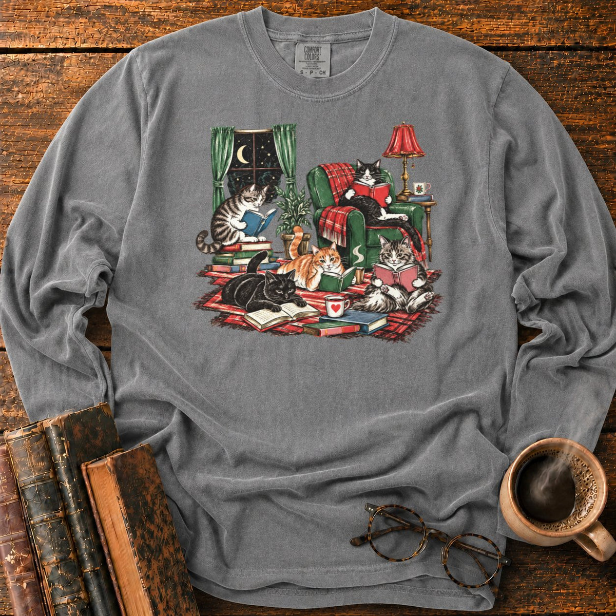 Midnight Cats' Cozy Reading Nook LS T-Shirt in Pepper – BooksThreads