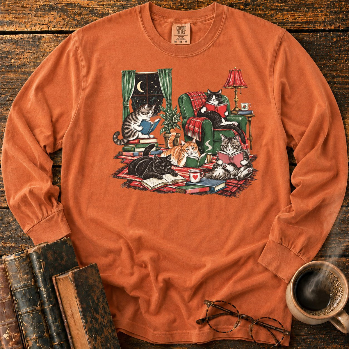 Midnight Cats' Cozy Reading Nook LS T-Shirt in Yam – BooksThreads