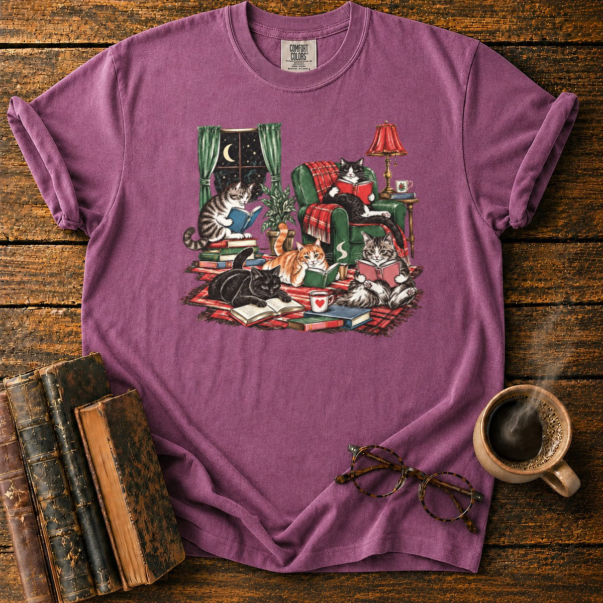 Midnight Cats' Cozy Reading Nook T-Shirt in Berry – BooksThreads