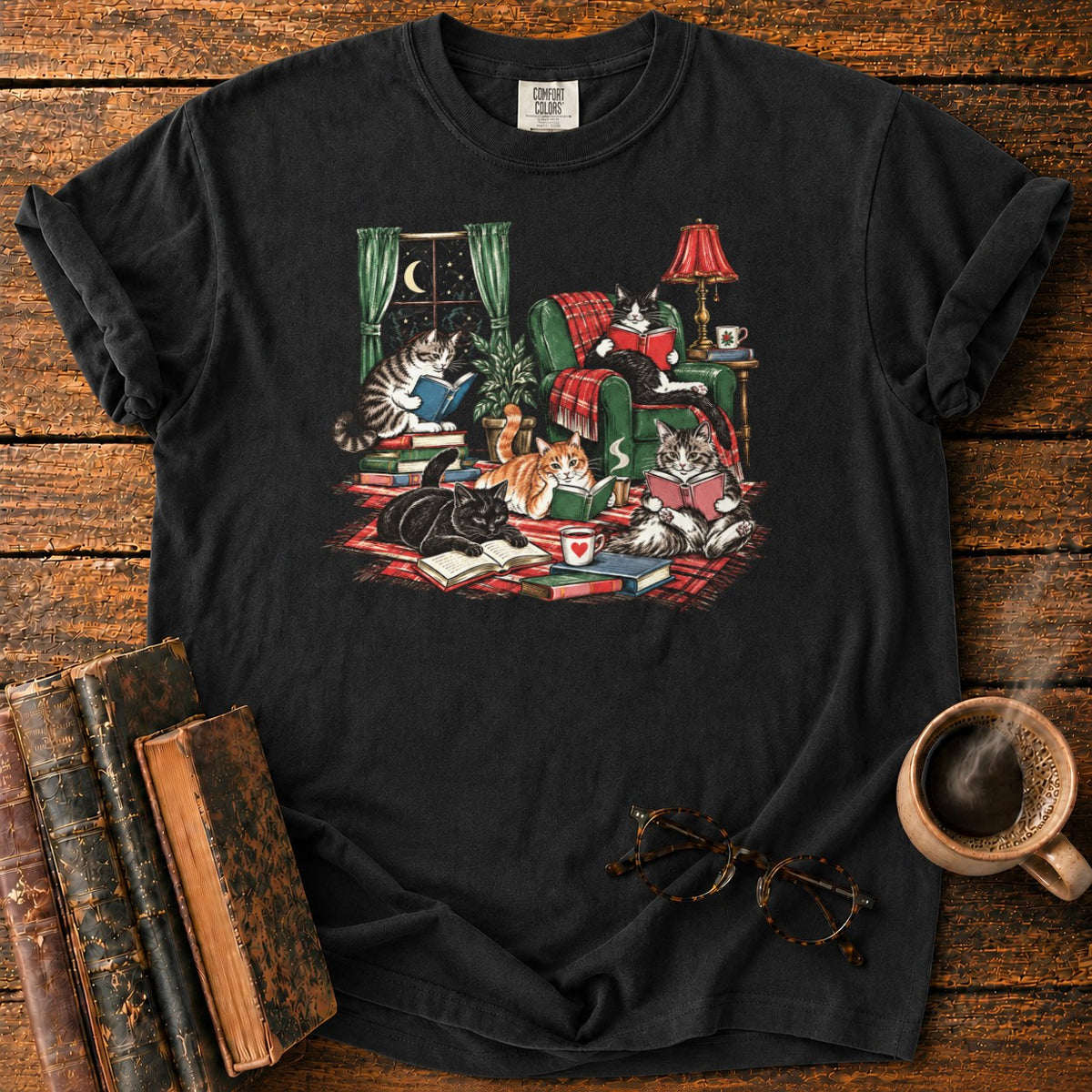 Midnight Cats' Cozy Reading Nook T-Shirt in Black – BooksThreads