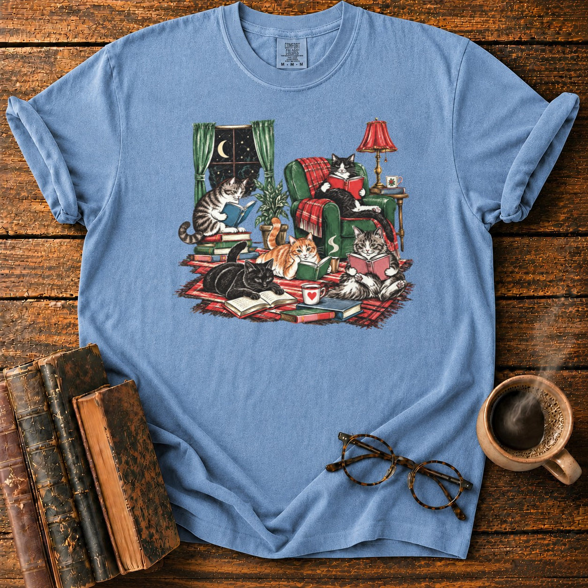 Midnight Cats' Cozy Reading Nook T-Shirt in Blue Jean – BooksThreads
