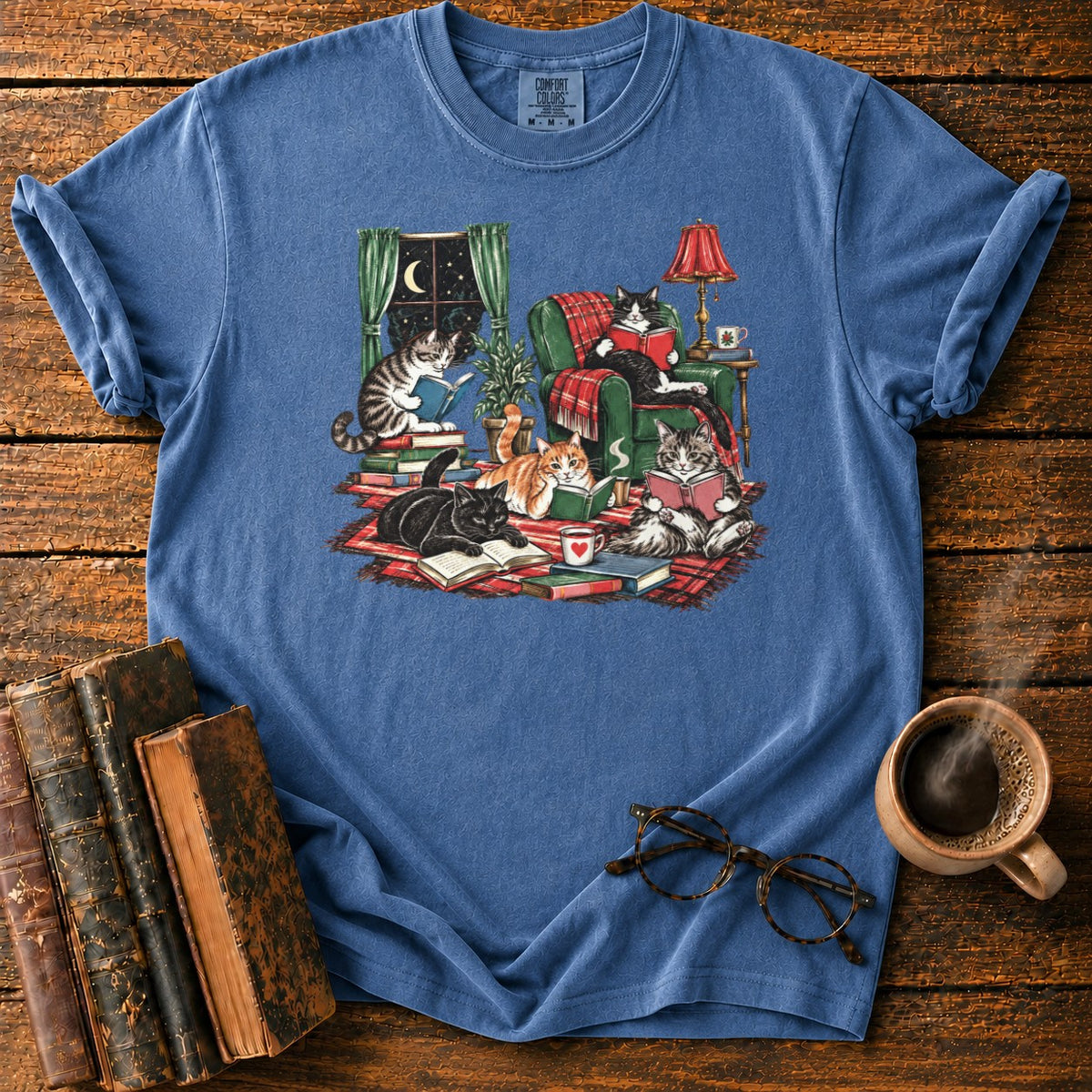 Midnight Cats' Cozy Reading Nook T-Shirt in Denim – BooksThreads