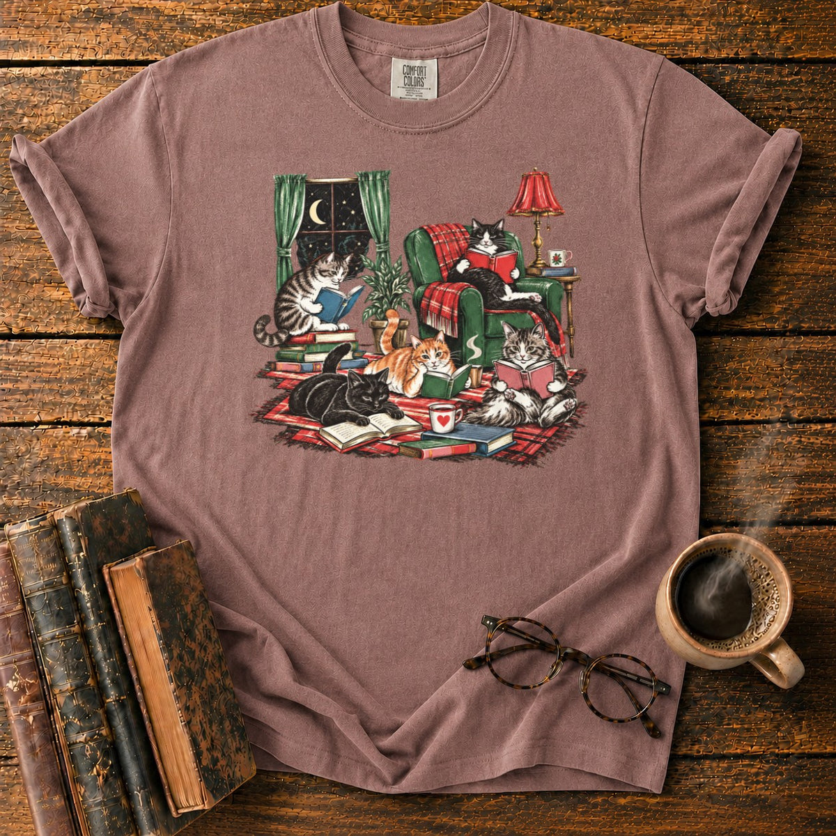 Midnight Cats' Cozy Reading Nook T-Shirt in Espresso – BooksThreads