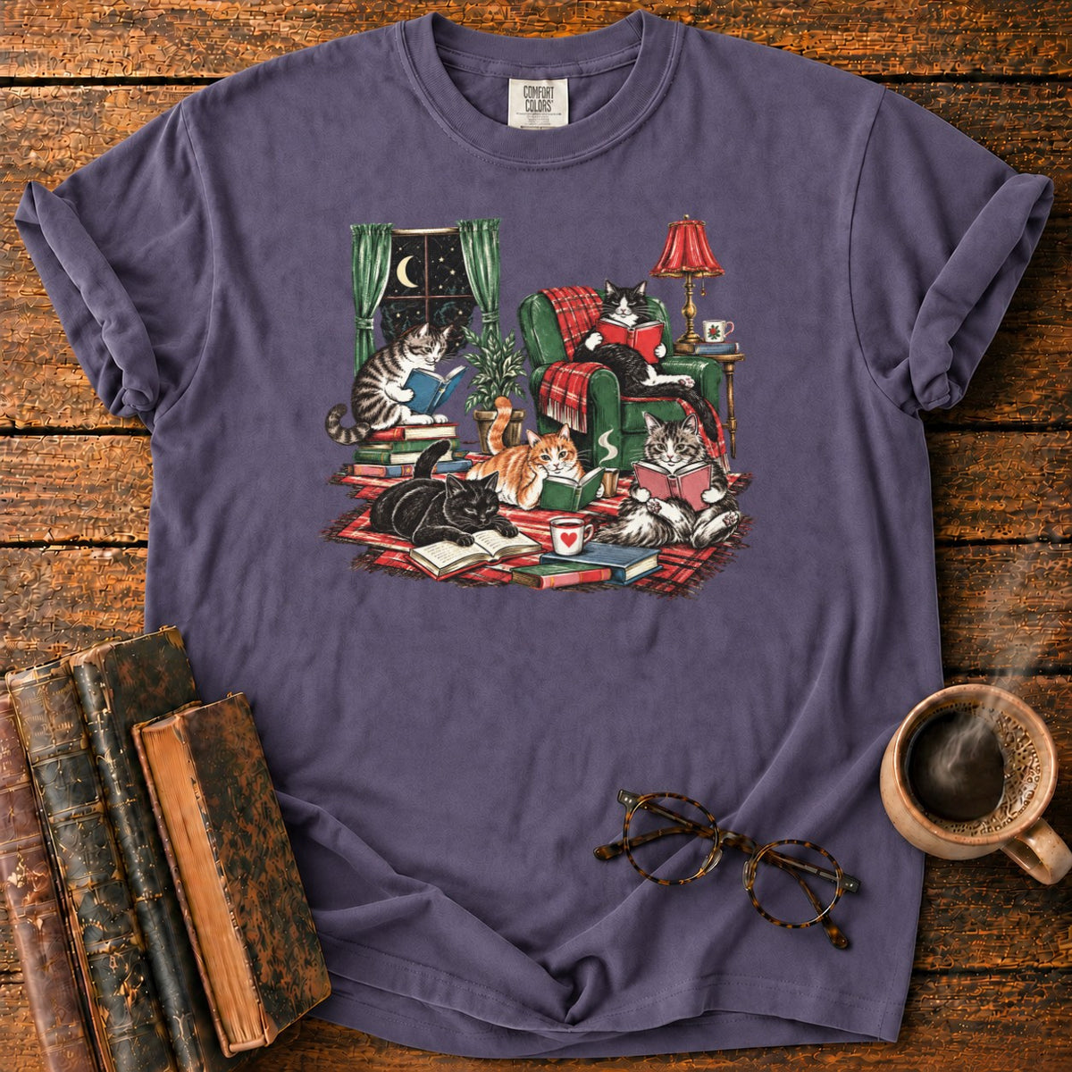 Midnight Cats' Cozy Reading Nook T-Shirt in Grape – BooksThreads