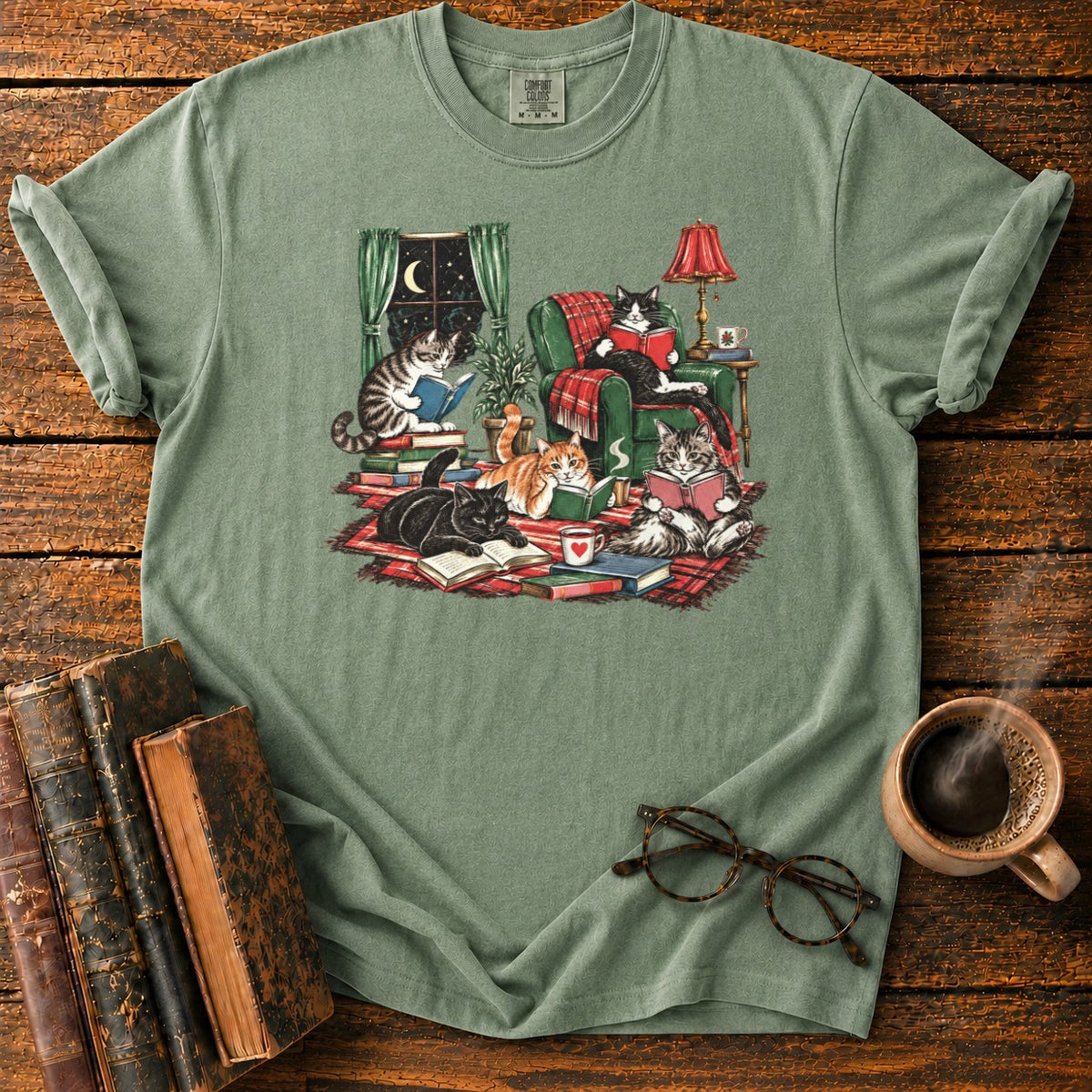 Midnight Cats' Cozy Reading Nook T-Shirt in Moss – BooksThreads
