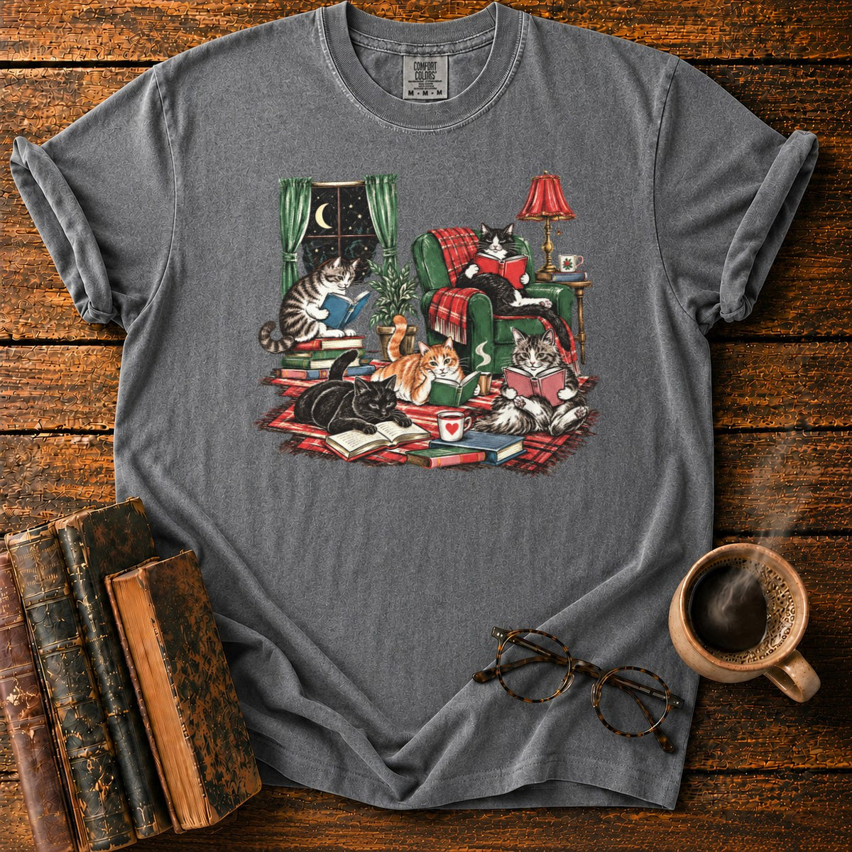 Midnight Cats' Cozy Reading Nook T-Shirt in Pepper – BooksThreads