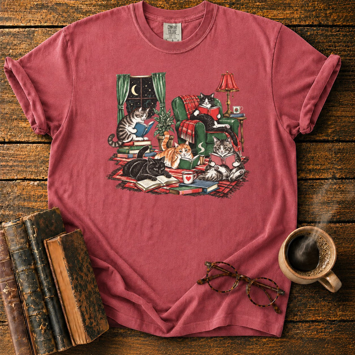 Midnight Cats' Cozy Reading Nook T-Shirt in Watermelon – BooksThreads