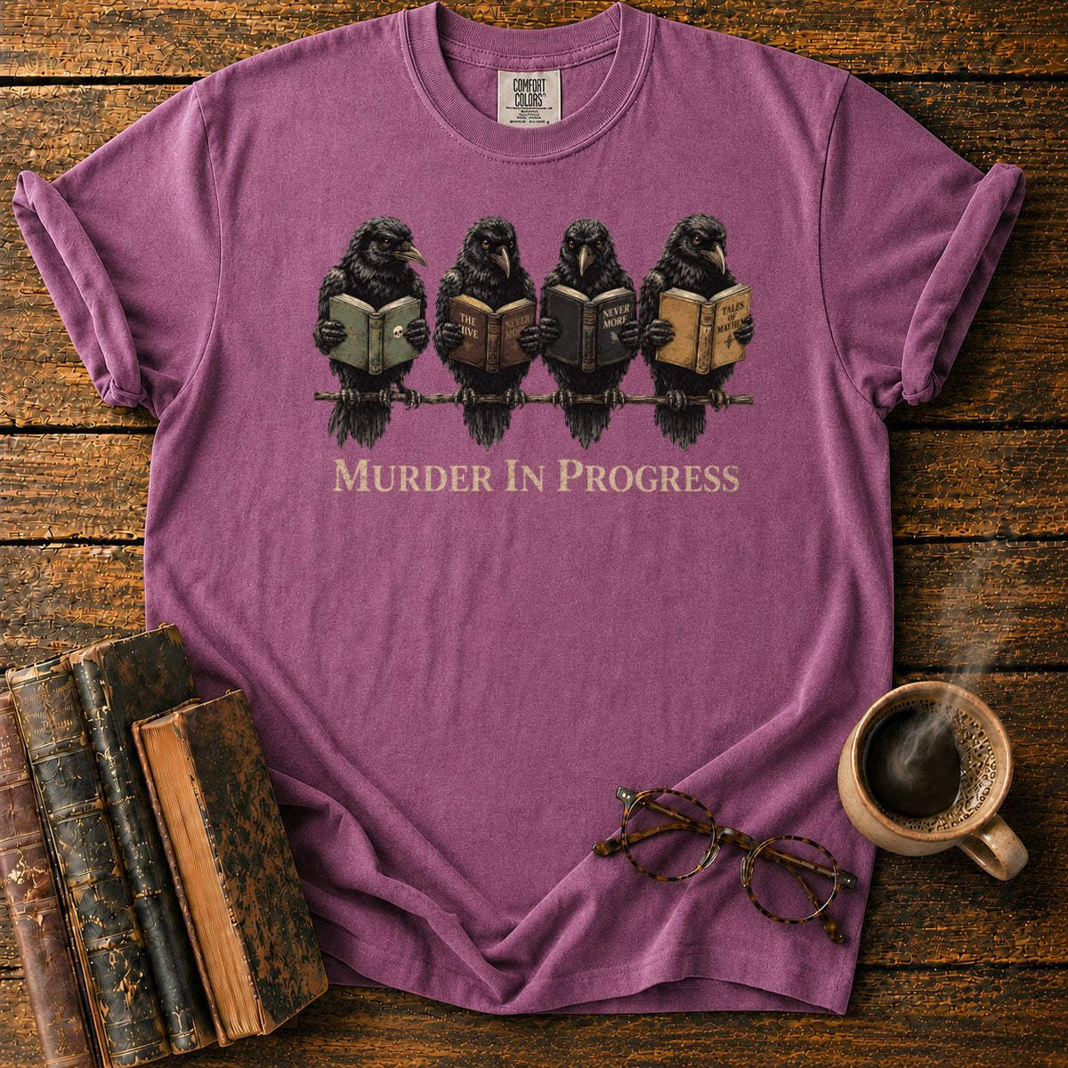Murder In Progress Raven Reading Club T-Shirt in Berry – BooksThreads