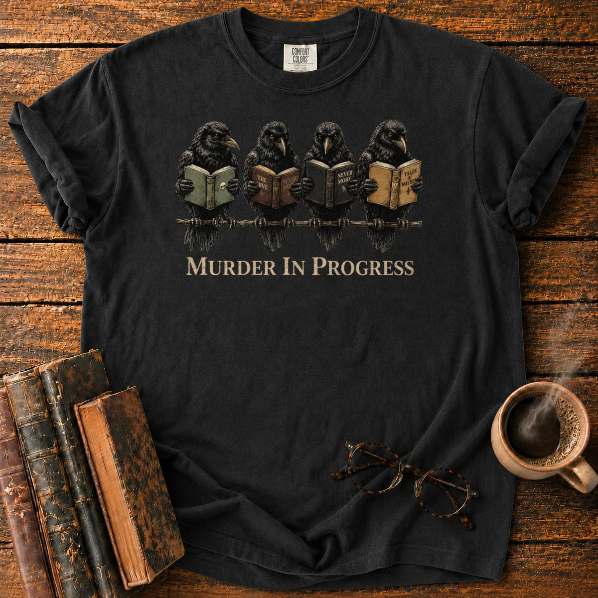 Murder In Progress Raven Reading Club T-Shirt in Black – BooksThreads