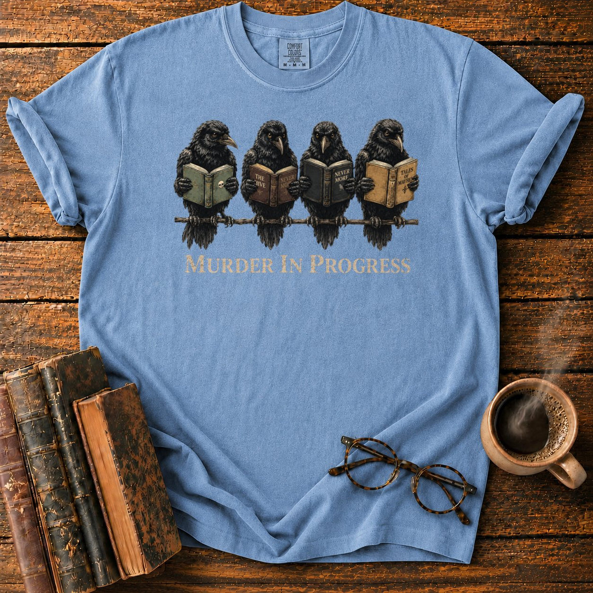 Murder In Progress Raven Reading Club T-Shirt in Blue Jean – BooksThreads