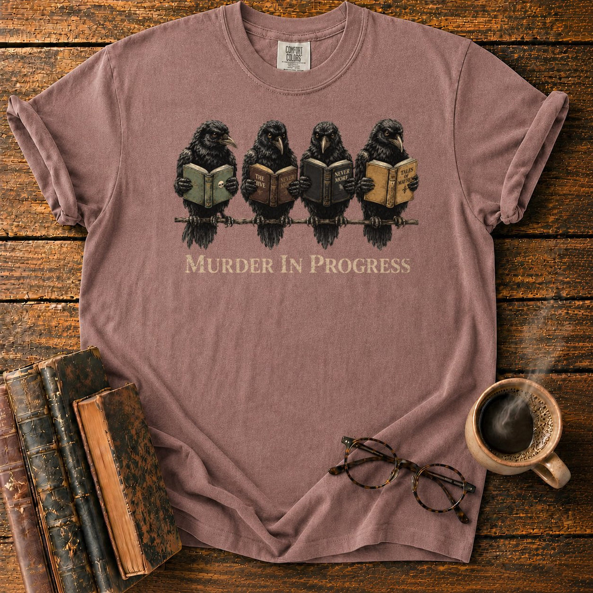 Murder In Progress Raven Reading Club T-Shirt in Espresso – BooksThreads