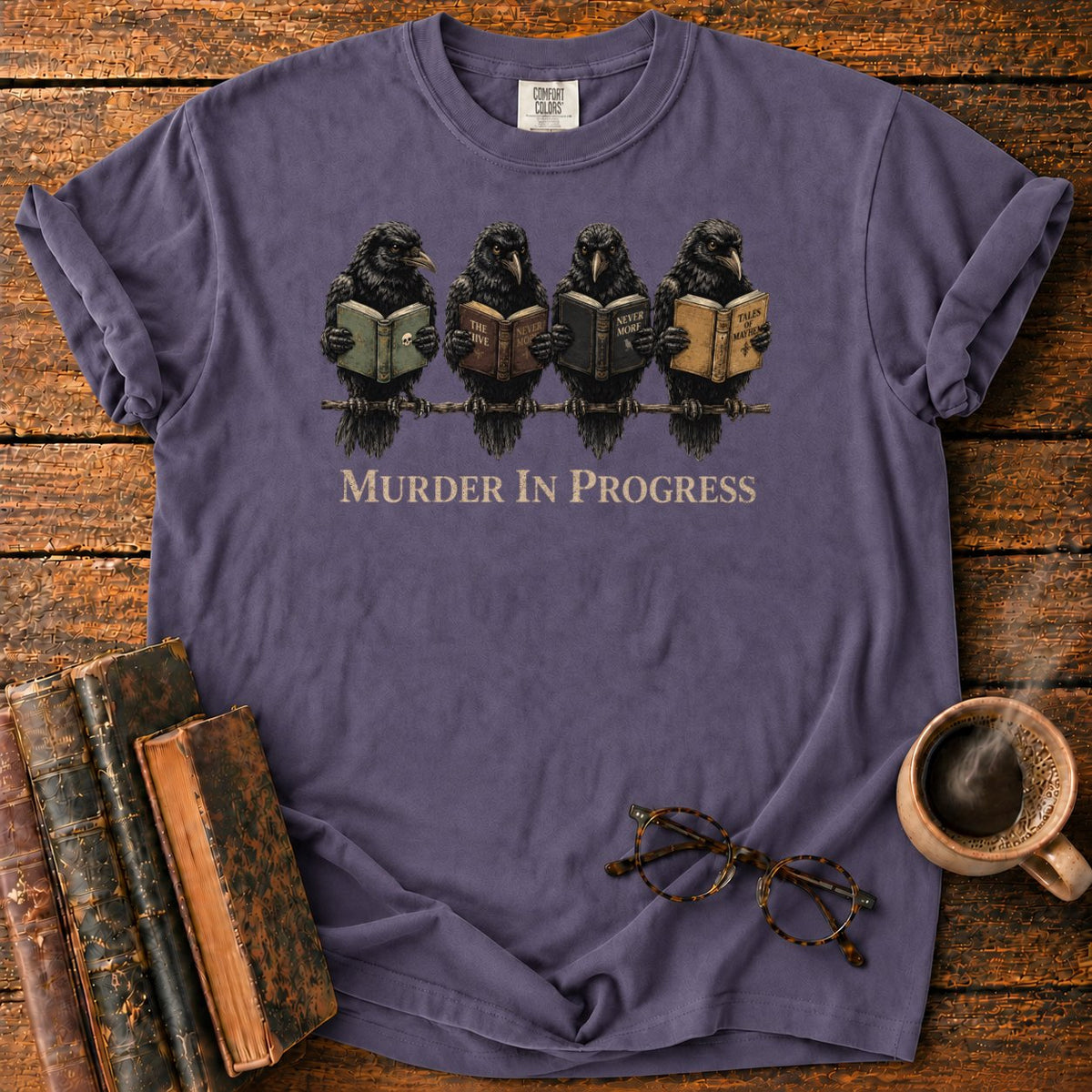 Murder In Progress Raven Reading Club T-Shirt in Grape – BooksThreads