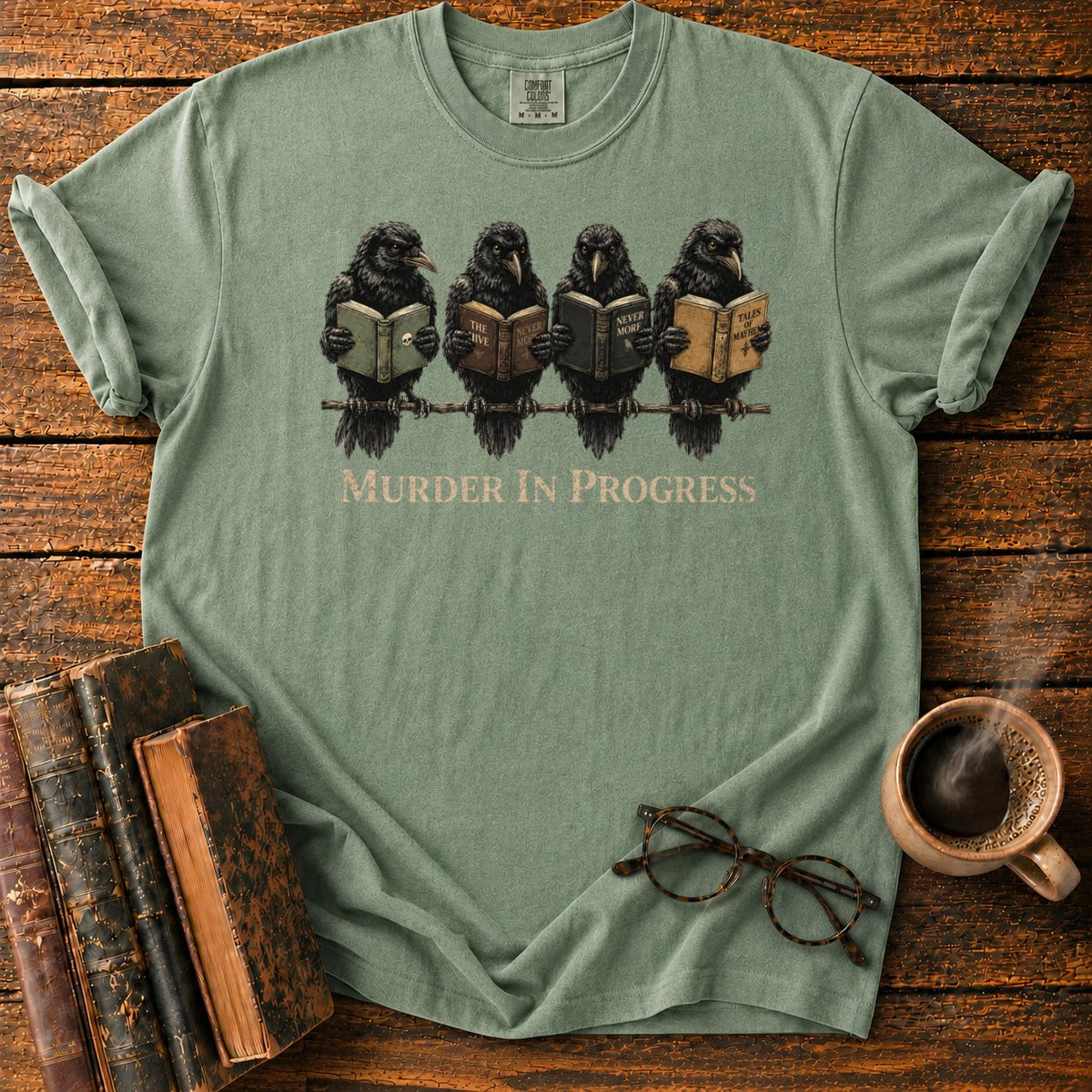 Murder In Progress Raven Reading Club T-Shirt in Moss – BooksThreads