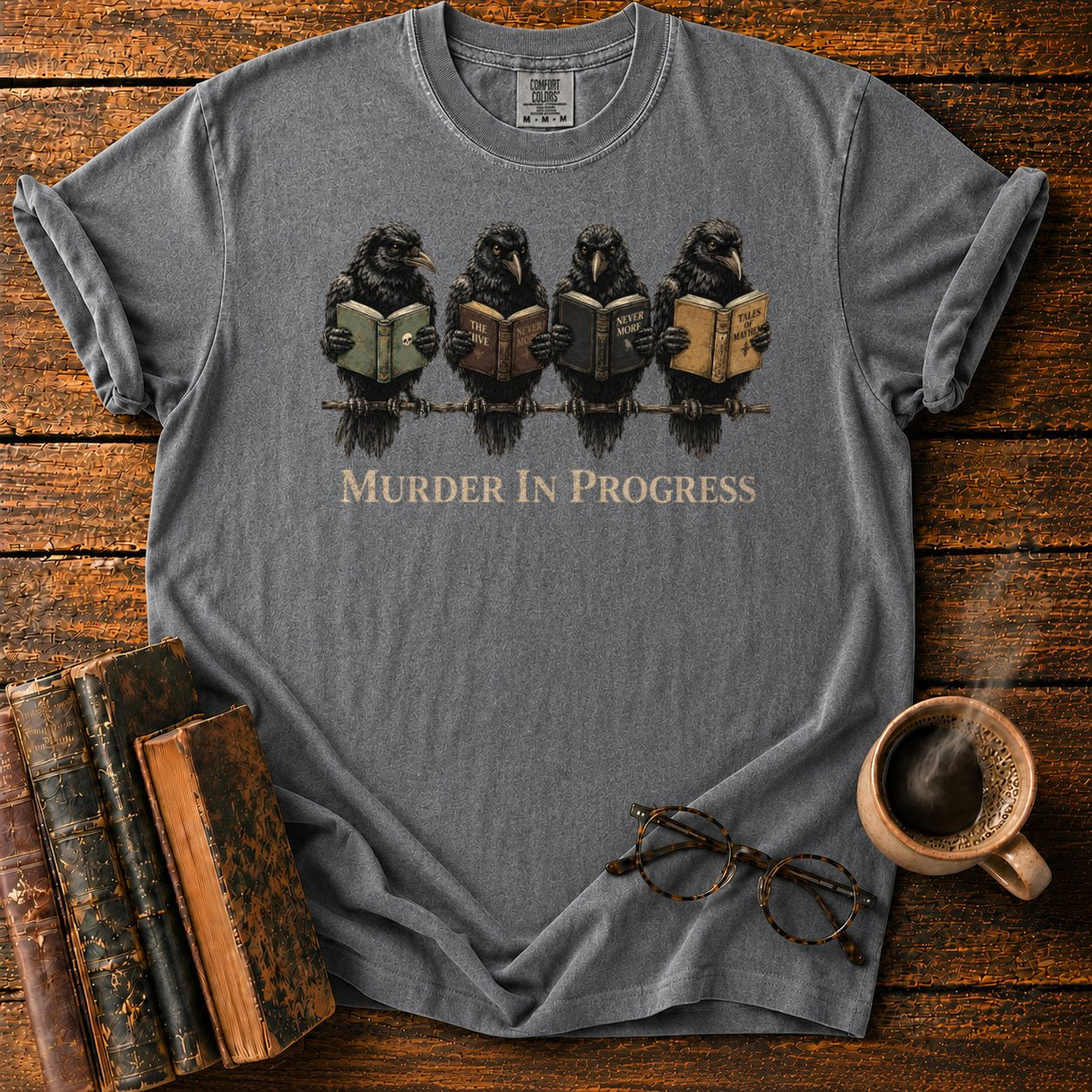 Murder In Progress Raven Reading Club T-Shirt in Pepper – BooksThreads