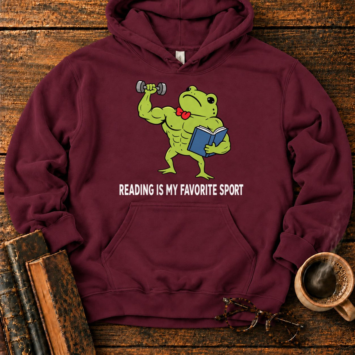 Muscular Frog’s Favorite Sport Reading Hoodie in Maroon – BooksThreads