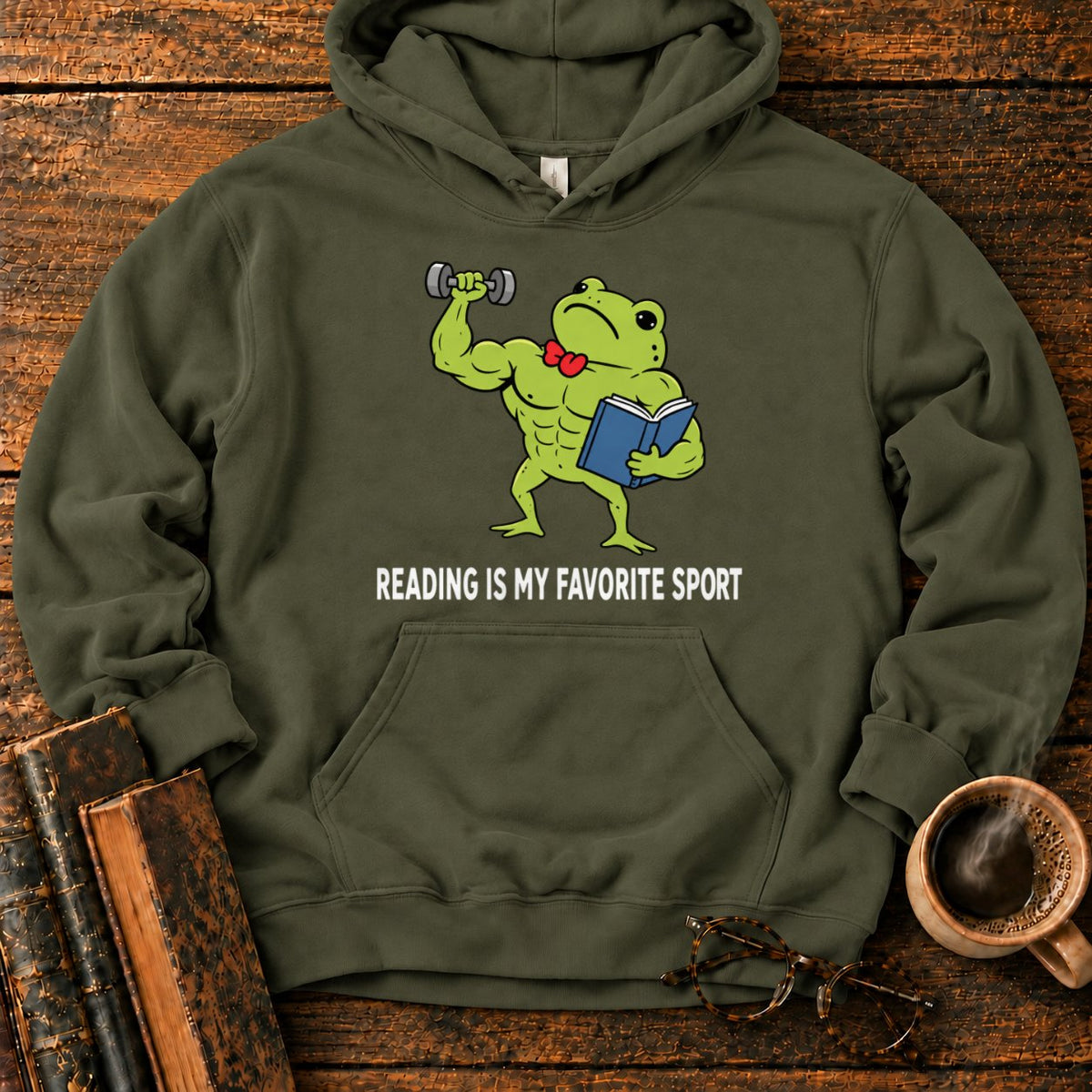 Muscular Frog’s Favorite Sport Reading Hoodie in Military Green – BooksThreads