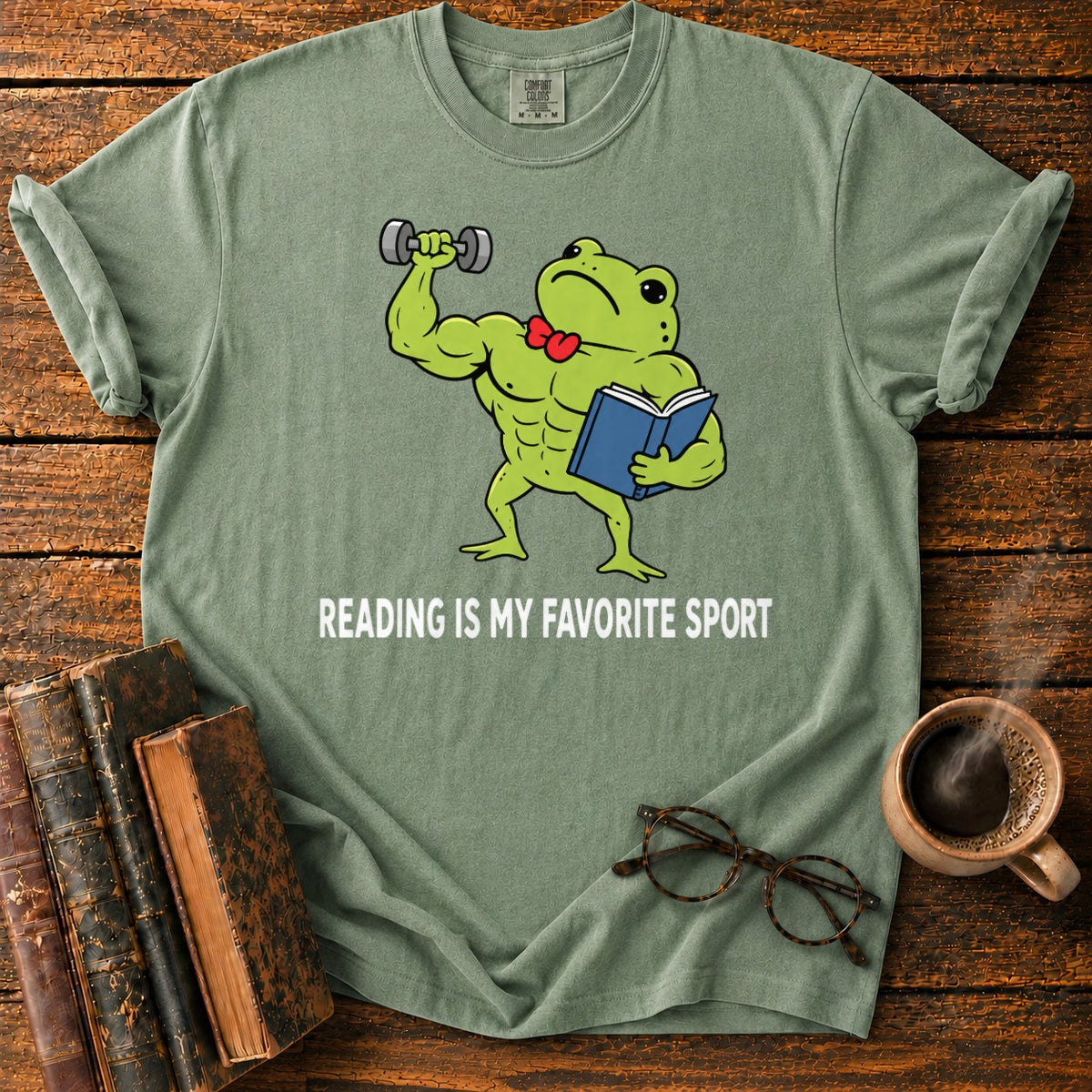 Muscular Frog’s Favorite Sport Reading T-Shirt in Moss – BooksThreads