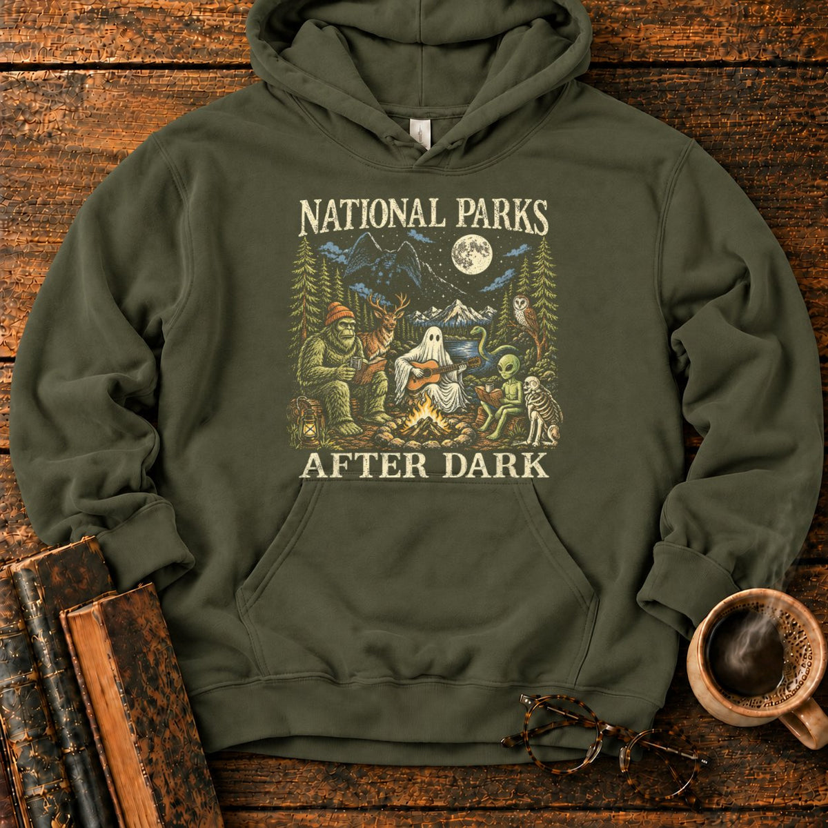 National Parks After Dark Hoodie in Military Green – BooksThreads
