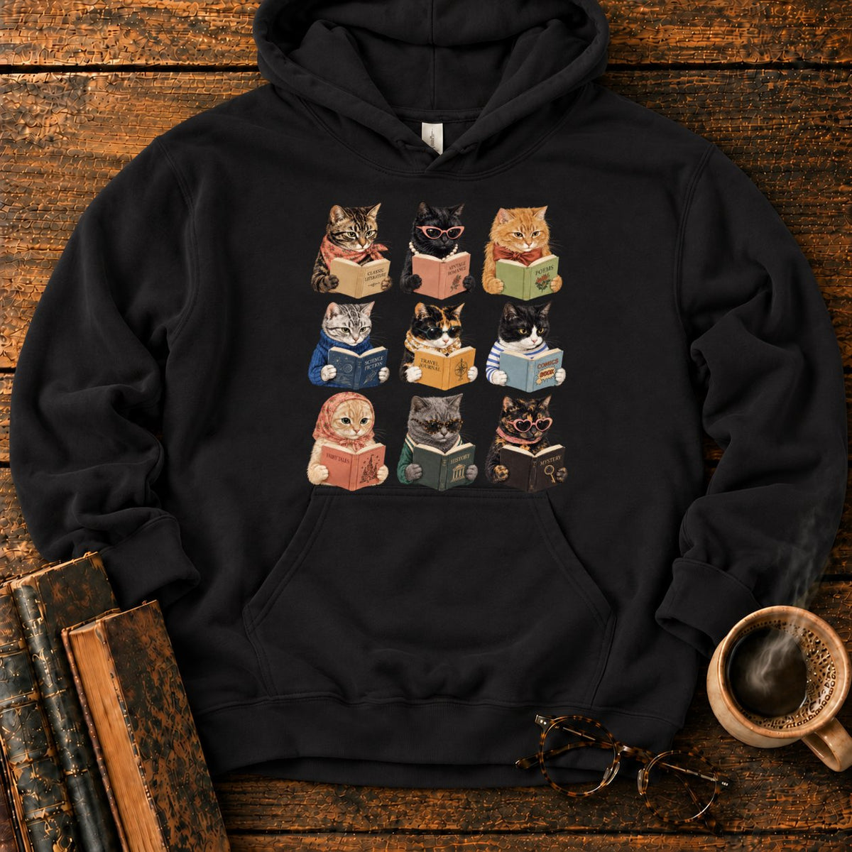 Nine Vintage Cats Reading In A Grid Hoodie in Black – BooksThreads