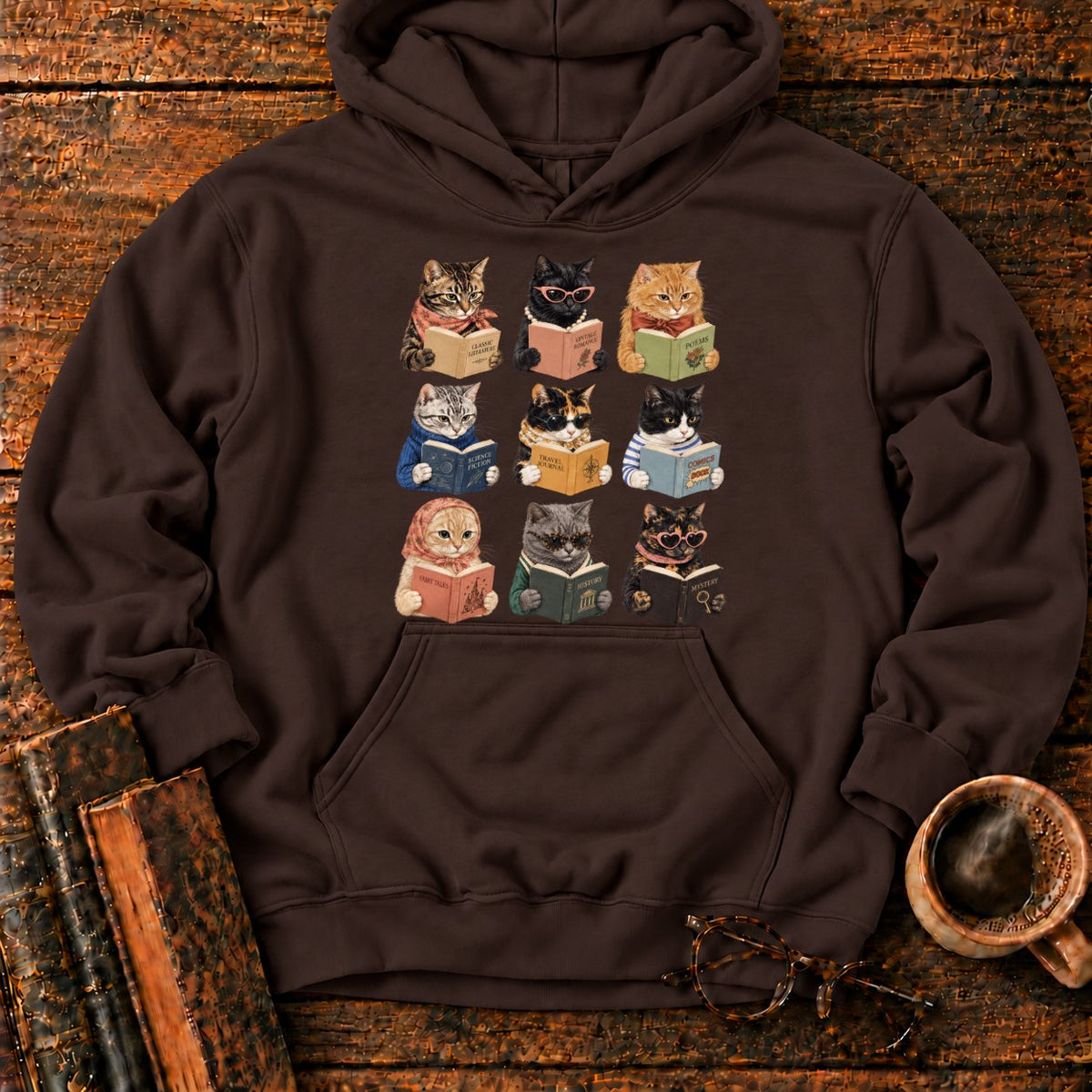Nine Vintage Cats Reading In A Grid Hoodie in Dark Chocolate – BooksThreads