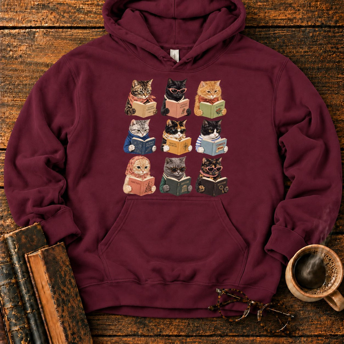 Nine Vintage Cats Reading In A Grid Hoodie in Maroon – BooksThreads