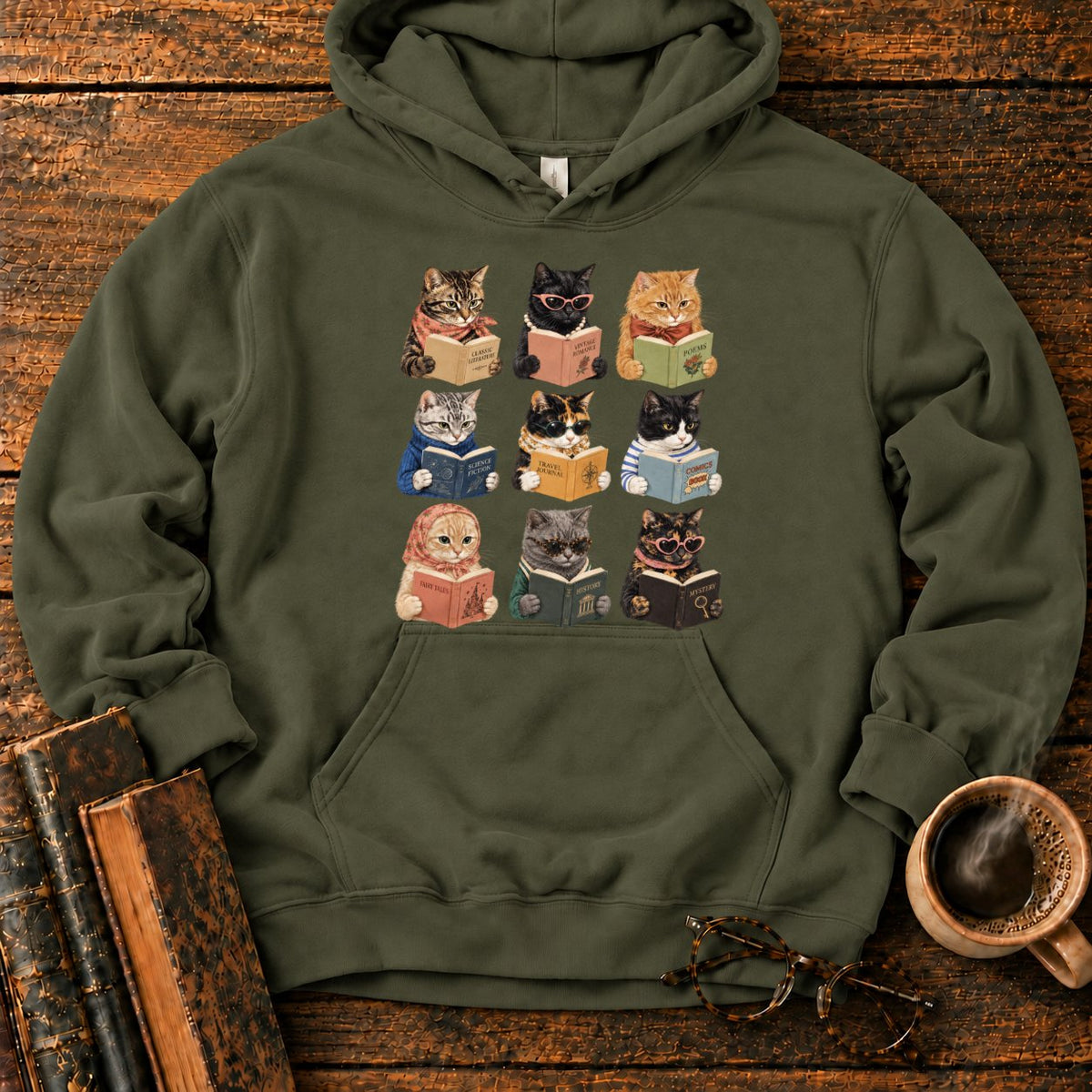Nine Vintage Cats Reading In A Grid Hoodie in Military Green – BooksThreads