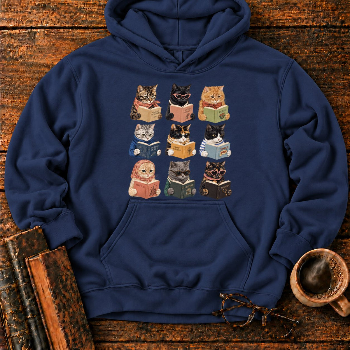 Nine Vintage Cats Reading In A Grid Hoodie in Navy – BooksThreads