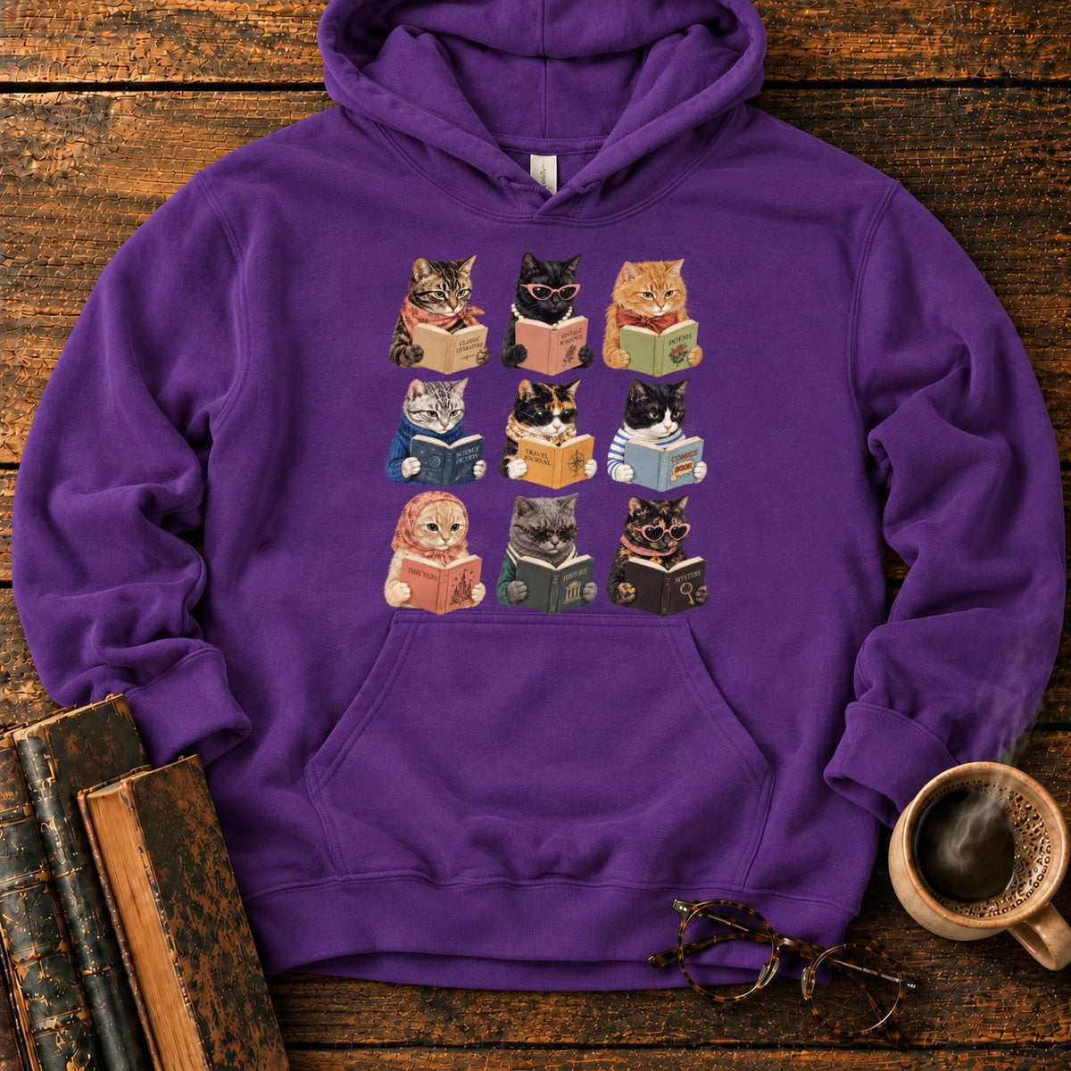 Nine Vintage Cats Reading In A Grid Hoodie in Purple – BooksThreads