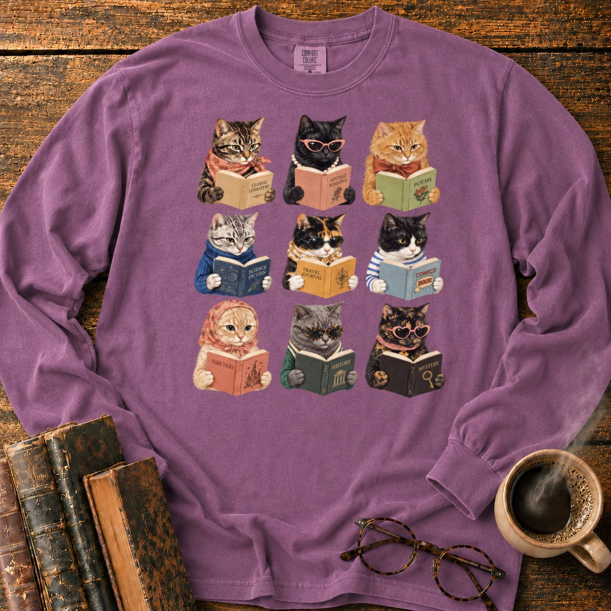 Nine Vintage Cats Reading In A Grid LS T-Shirt in Berry – BooksThreads