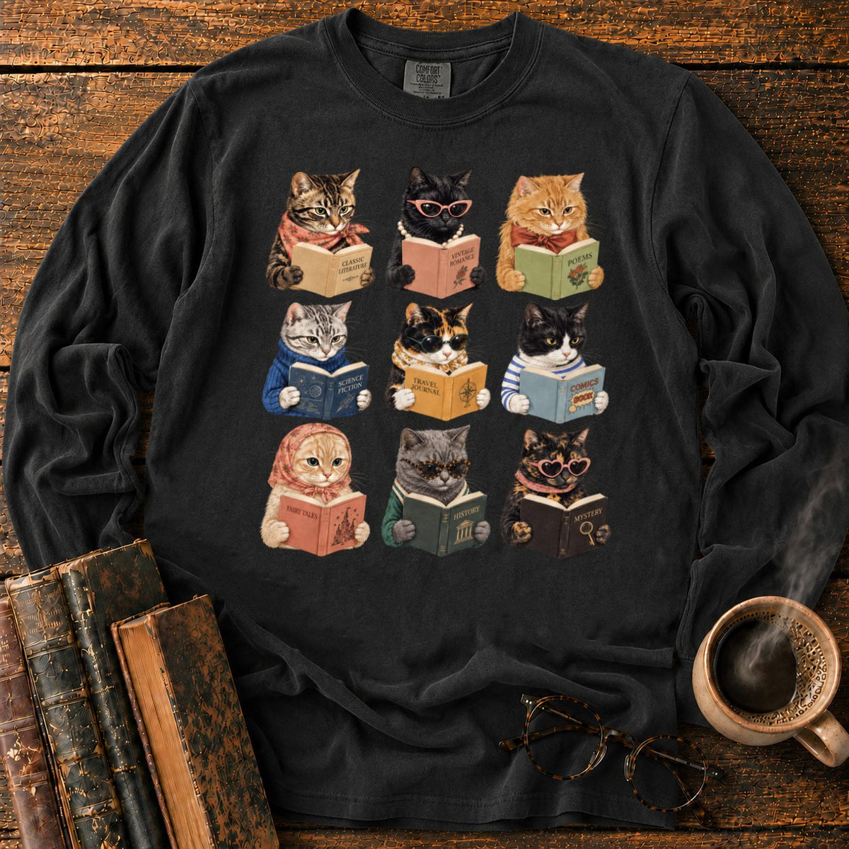 Nine Vintage Cats Reading In A Grid LS T-Shirt in Black – BooksThreads