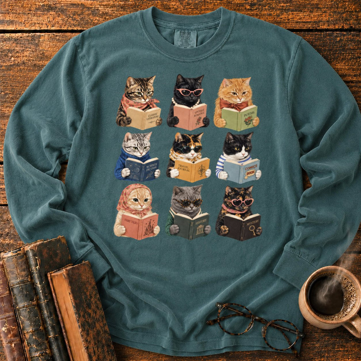 Nine Vintage Cats Reading In A Grid LS T-Shirt in Blue Spruce – BooksThreads