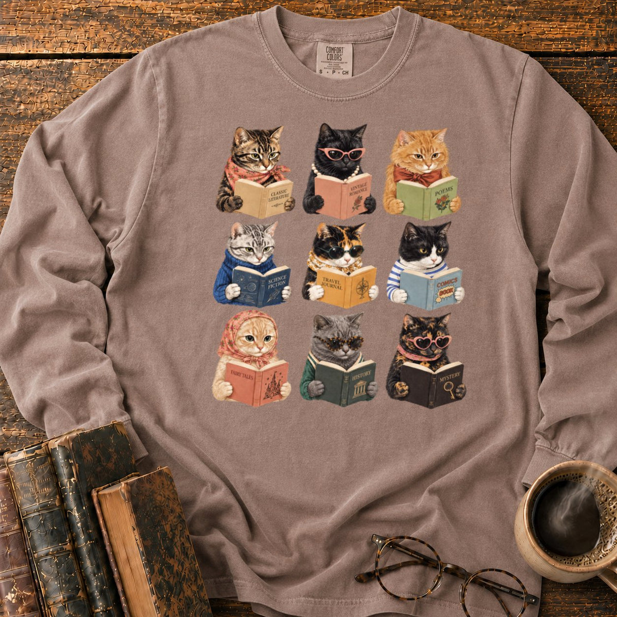 Nine Vintage Cats Reading In A Grid LS T-Shirt in Espresso – BooksThreads